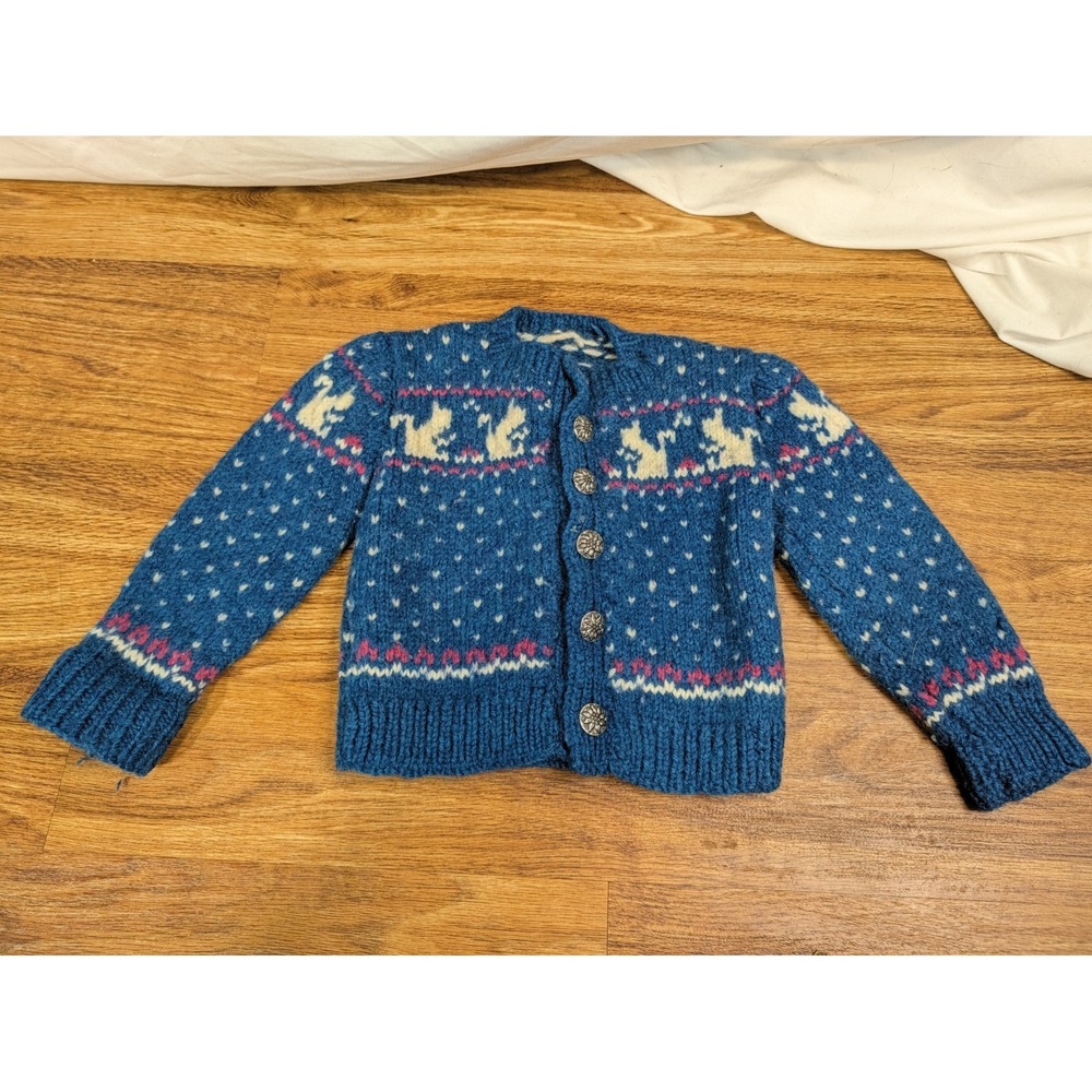 Vintage Toddler Handmade Fair Isle Blue Cat Cardigan Sweater Size 2 Or 3